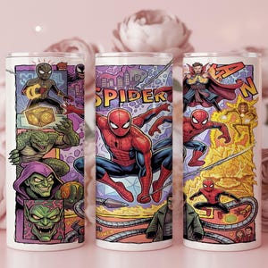 May include: A cylindrical tumbler featuring a colorful comic book graphic print of Spider-Man and various villains. The design includes illustrations of Spider-Man, Green Goblin, Doctor Octopus, and Doctor Strange with the text SPIDER-MAN.