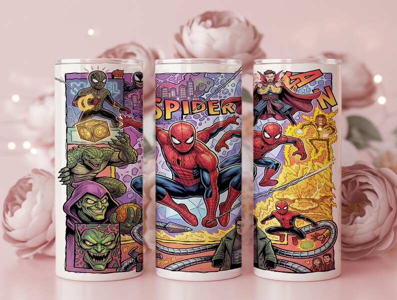 May include: A cylindrical tumbler featuring a colorful comic book graphic print of Spider-Man and various villains. The design includes illustrations of Spider-Man, Green Goblin, Doctor Octopus, and Doctor Strange with the text SPIDER-MAN.