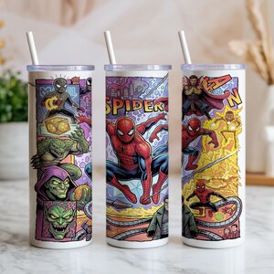 May include: Three cylindrical tumblers with white lids and straws, featuring a colorful comic book graphic print of Spider-Man and various villains. The design includes characters like Green Goblin, Doctor Octopus, and Doctor Strange in action.