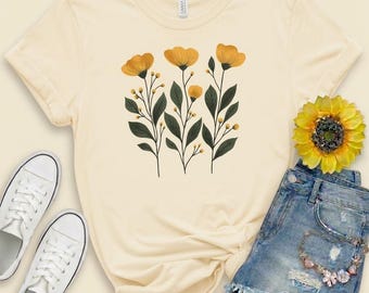 Geel canvas Bella-T-shirt met bloemen, bohobloemontwerp | bloemenshirt