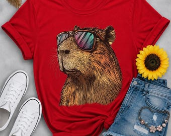 Bever zonnebril T-shirt | Retro T-shirt met dierenprint