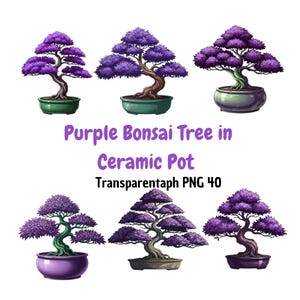 Purple Bonsai Tree in Ceramic Pot PNG, Watercolor Bonsai Clipart, Asian Zen Plant Art, Floral Tree Digital Download, Home Decor