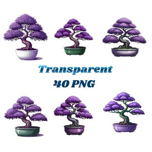 Purple Bonsai Tree in Ceramic Pot PNG, Watercolor Bonsai Clipart, Asian Zen Plant Art, Floral Tree Digital Download, Home Decor