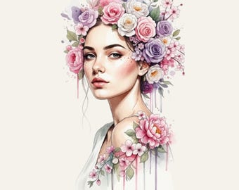 Watercolor Floral Woman Portrait PNG, Feminine Botanical Illustration (PNG Download)
