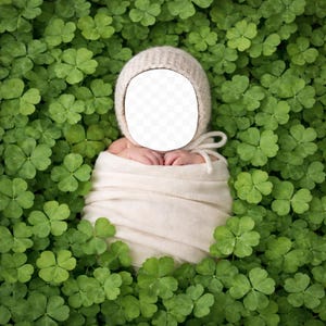 Può includere: Un neonato avvolto in una coperta color crema e con un cappello di lana, circondato da foglie di trifoglio verde brillante. Il viso del bambino non è visibile. L'immagine evoca un senso di natura e nuovi inizi.