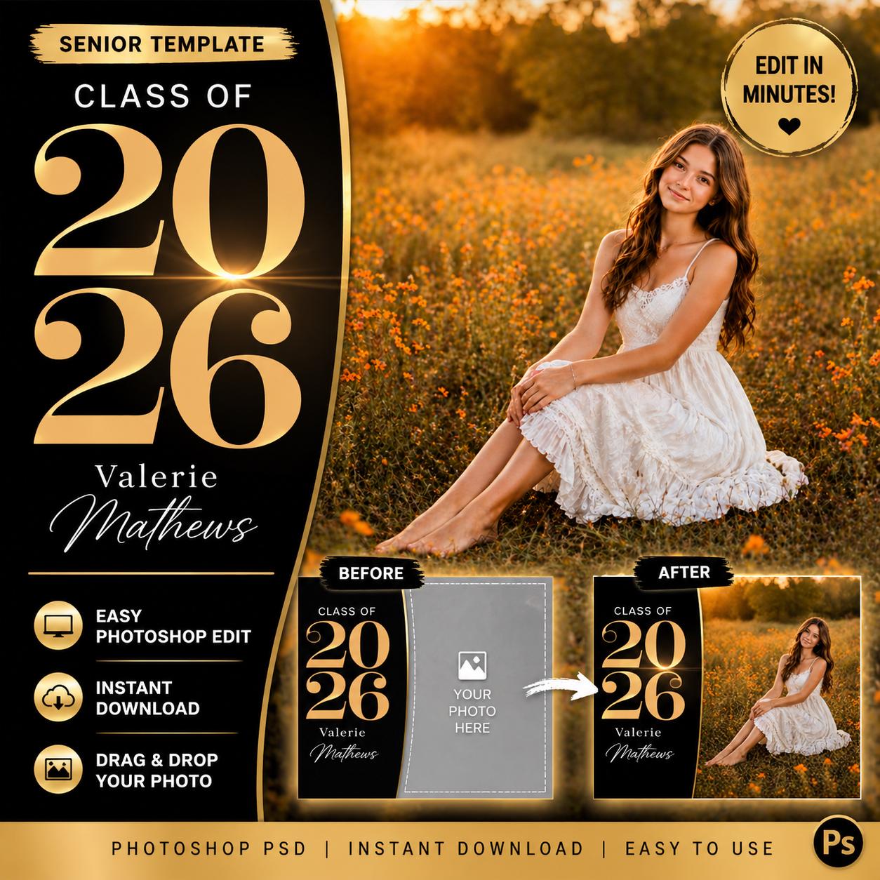 Class of 2026 Senior Photo Template | Black Gold Graduation PSD ...