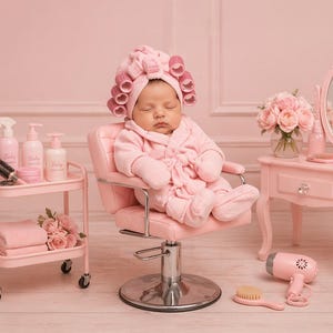 May include: A baby in a pink robe and curlers sits in a pink salon chair. A pink vanity with a mirror, a rolling cart with beauty products, and a hairdryer are also in the image. The scene is set in a pink room.
