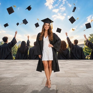 May include: A young woman in a white dress and graduation gown stands in front of a group of graduates throwing their caps in the air. The sky is blue with scattered clouds, and the scene is set outdoors.