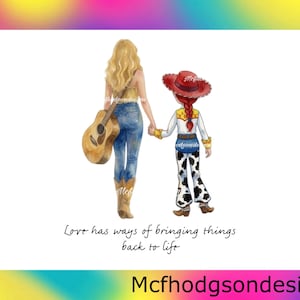 Puede incluir: Una ilustraci&oacute;n en acuarela de una persona rubia con una guitarra y una mu&ntilde;eca vaquera tomadas de la mano. La persona viste jeans azules y botas color canela. La mu&ntilde;eca lleva un sombrero rojo, camisa amarilla y pantalones con manchas de vaca. Texto: Love has ways of bringing things back to life.