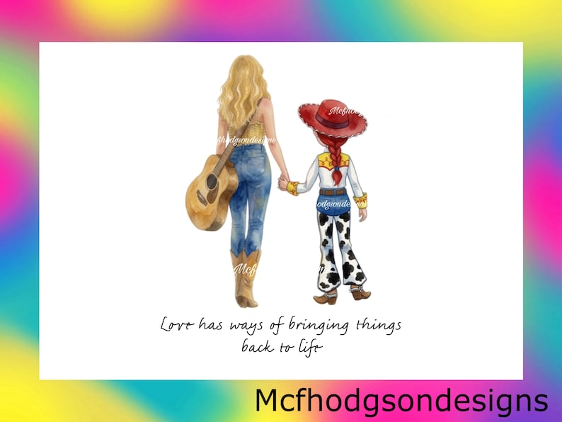 Puede incluir: Una ilustraci&oacute;n en acuarela de una persona rubia con una guitarra y una mu&ntilde;eca vaquera tomadas de la mano. La persona viste jeans azules y botas color canela. La mu&ntilde;eca lleva un sombrero rojo, camisa amarilla y pantalones con manchas de vaca. Texto: Love has ways of bringing things back to life.