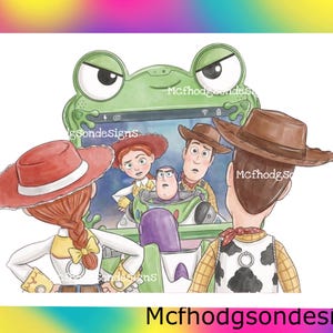 Op de afbeelding: Waterverfillustratie met personages uit de animatiefilm Toy Story. Woody, Buzz Lightyear, Jessie en andere personages zijn afgebeeld in een kleurrijke, gedetailleerde stijl. De afbeelding bevat de tekst "Mcfhodgsondesigns".