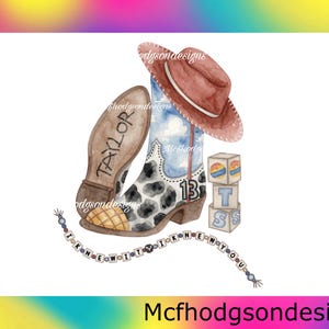 May include: A watercolor illustration featuring a brown cowboy hat, a cow-print boot with a blue sky pattern and the number 13, a boot sole labeled Taylor, a stack of three blocks with the letters T, S, and a beaded string reading I KNEW IT I KNEW YOU.