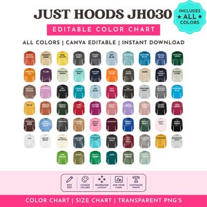 May include: A Just Hoods JH030 editable color chart featuring a grid of long-sleeve shirts in various colors, each labeled with its specific color name. The chart includes text headers and a bottom panel with icons for editing text, colors, layout, logos, and fonts.