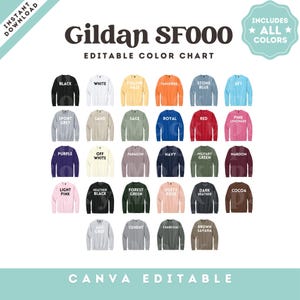 May include: A color chart for Gildan SF000 sweatshirts, featuring a variety of colors including black, white, yellow haze, tangerine, stone blue, sky, sport grey, sand, sage, royal, red, and pink lemonade. The chart is Canva editable.