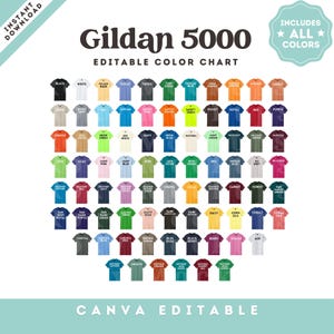 Könnte beinhalten: Eine Farbkarte für Gildan 5000 T-Shirts mit einer großen Auswahl an Farben. Die Karte zeigt verschiedene T-Shirt-Farben, darunter Schwarz, Weiß, Marineblau und viele Schattierungen von Grün, Blau und Rot. Der Text "CANVA EDITABLE" steht unten.