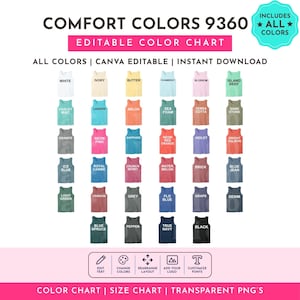 以下が含まれることがあります： Comfort Colors 9360の編集可能なカラーチャート。様々な色のタンクトップアイコンが30個並んでおり、それぞれに色名が記載されています。チャートには、編集、レイアウト、フォントのカスタマイズオプションに関するテキストが含まれています。