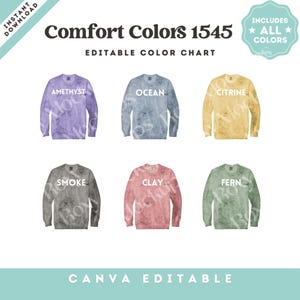 Może przedstawiać: Karta kolorów z sześcioma bluzami Comfort Colors 1545 w odcieniach Ametystu, Oceanu, Cytrynu, Dymu, Gliny i Paproci. Karta zawiera tekst "Edytowalna tabela kolorów" i "Zawiera wszystkie kolory".
