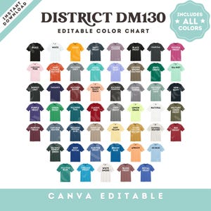 May include: A digital color chart for District DM130 t-shirts, displaying a grid of various shirt colors with labels including Black, White, Gold, Navy Frost, Heather Lavender, Charcoal, Fuchsia Frost, Carnation Pink, Deep Orange Heather, and others.