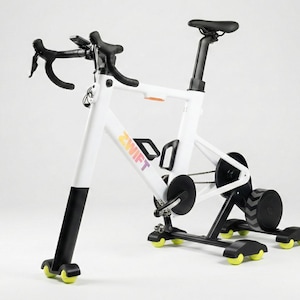 Op de afbeelding: Witte hometrainer met zwarte accenten en gele wielen. De fiets heeft een zwart zadel, stuur en bidonhouders. Het woord "ZWIFT" staat in een regenboogkleur op het frame.