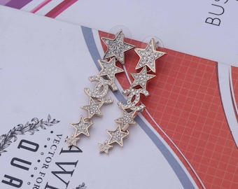 Diamond-encrusted five-pointed star women's earrings, gift box packaging, birthday gift