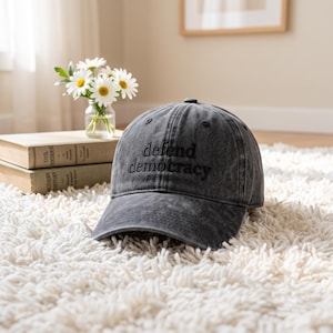 Defend Democracy Embroidered Washed Cotton Baseball Cap, Tone-on-Tone Black