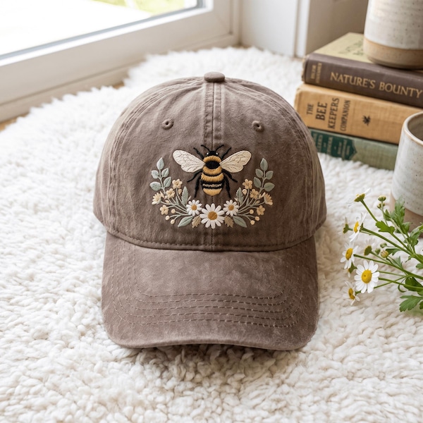 Custom Embroidered Bee Floral Hat Nature Inspired Wildflower Cottagecore Cap Gift