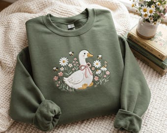 Felpa con oca ricamata, giardino floreale, maglietta con cucciolo di animale