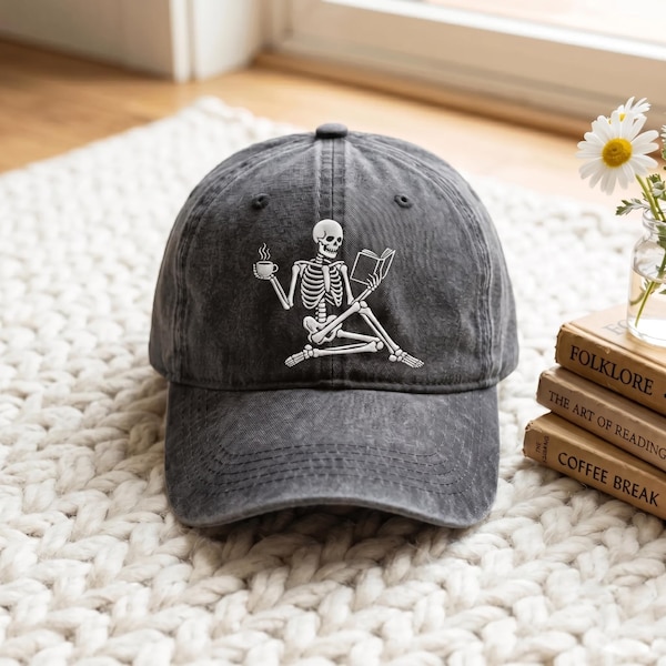 Embroidered Skeleton Reading a Book Hat– Book Lover Hat Cozy Aesthetic Embroidery Dark Academia Spooky Season Reader Cap
