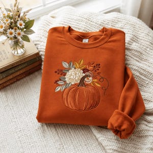 Embroidered Pumpkin Sweatshirt, Watercolor Floral Fall Shirt, Autumn Patch Top