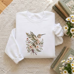 Floral Hummingbird Embroidered Sweatshirt, Botanical Bird Nature Apparel