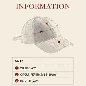 May include: A detailed illustration of a baseball cap with labeled dimensions. The cap's width is 7cm, circumference is 56-59cm, and height is 12cm. The word "INFORMATION" is at the top.