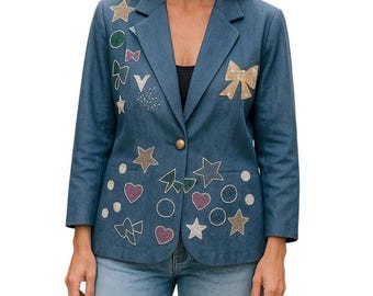 Vintage Adrianna Papell x Adam Douglass Embellished Denim Blazer