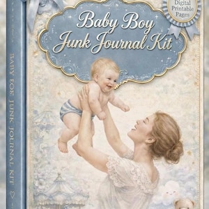 Może przedstawiać: Zestaw dziennika śmieciowego "Baby Boy Junk Journal" w stylu vintage, w odcieniach niebieskiego i kremowego. Okładka przedstawia ilustrację matki trzymającej dziecko, z tekstem "Baby Boy Junk Journal Kit" i "40 cyfrowych stron do druku".