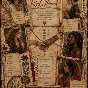 May include: A vintage-style artwork titled "The Red Thread" features portraits of women, interconnected with red thread. Text includes phrases like "Soul connection" and "Bound by love." The artwork has a warm, sepia tone.