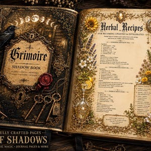 Op de afbeelding: Een open boek met de titel Grimoire Shadow Book met een zwarte kraai, gouden sleutels en een rood waszegel op de linkerpagina. De rechterpagina is getiteld Herbal Recipes en bevat illustraties van zonnebloemen, lavendel en kruiden.