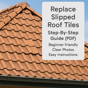 Può includere: Primo piano di un tetto di tegole color terracotta. L'immagine include il testo "Replace Slipped Roof Tiles Step-By-Step Guide (PDF) Beginner friendly Clear Photos Easy Instructions."