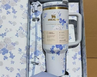 40oz Insulated Tumbler – Everblooming Rosettes Design, Fancy Blue Travel Quencher”