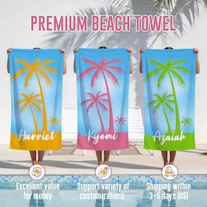 May include: Three beach towels with palm tree designs. The towels are blue with yellow, pink, and green palm trees. Each towel has a name: Harriet, Kyomi, and Azaiah. The text "PREMIUM BEACH TOWEL" is at the top.