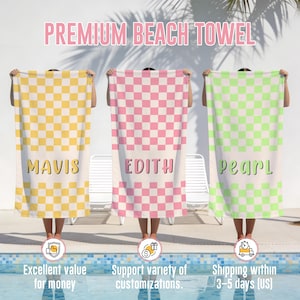 May include: Three beach towels with checkerboard patterns in yellow, pink, and green are displayed. Each towel has a name printed on it: MAVIS, EDITH, and PEARL. The text "PREMIUM BEACH TOWEL" is at the top.