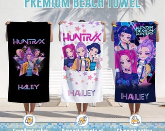 Personalized Kpop Huntrix Beach Towel,Custom Name Kpop Hunter Inspired Gift,Mira Rumi Zoey Character Anime Pool Towel,Kpop Fan Gift for Trip