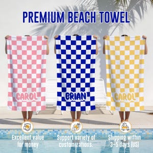 May include: Three personalized beach towels with checkerboard patterns in pink, blue, and yellow. Each towel displays a name: "CAROL" or "BRIAN". The text "PREMIUM BEACH TOWEL" is at the top.