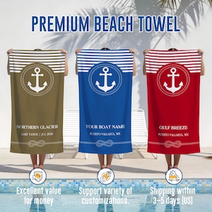 May include: Three rectangular beach towels in olive, blue, and red, each featuring white horizontal stripes at the top, a central white anchor inside a rope circle, and a rope graphic at the bottom. Text includes Northern Glacier, Your Boat Name, and Gulf Breeze.