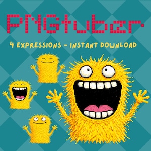 May include: Digital art featuring four yellow monster characters with different facial expressions. The word "PNGTuber" is in red pixelated letters above the monsters, with the text "4 EXPRESSIONS - INSTANT DOWNLOAD" below.