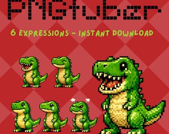 Pixel Dinosaur Rex PNGTuber Avatar – Premade VTuber PNG Avatar, Retro Pixel Art Streaming Asset, Digital Download