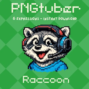 Op de afbeelding: Pixelafbeelding van een wasbeer met een headset, met de tekst "PNGtuber" erboven en "6 Expressions - Direct downloaden" eronder. Het woord "Raccoon" staat onderaan. De achtergrond is groen met een ruitpatroon.