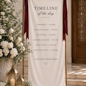 Bannière personnalisée en lin pour le déroulement de la journée de mariage | Panneau personnalisé pour le déroulement de la cérémonie | Panneau de mariage en tissu pour le programme de la cérémonie