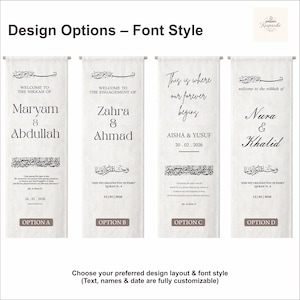 Pode incluir: Quatro faixas verticais de tecido em tom off-white com op&ccedil;&otilde;es de texto personaliz&aacute;veis para casamentos e noivados. Cada faixa apresenta caligrafia preta, nomes, datas e vers&iacute;culos do Alcor&atilde;o, rotuladas como A, B, C e D.