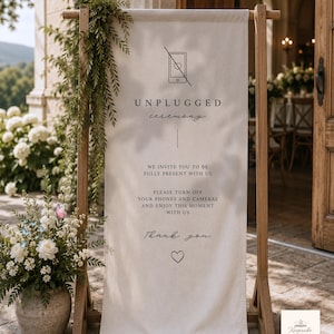 Letrero de ceremonia sin dispositivos electrónicos, pancarta de boda de lino personalizada, letrero de "No se permiten teléfonos", letrero de ceremonia de boda de tela personalizado, decoración rústica