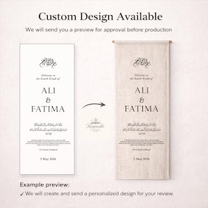 Pode incluir: Uma tape&ccedil;aria retangular vertical com texto preto sobre fundo branco e uma vers&atilde;o correspondente num banner de tecido bege claro. O texto inclui os nomes Ali & Fatima, caligrafia &aacute;rabe e a data 3 de maio de 2026.