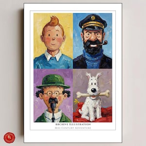 May include: A framed print featuring four panels of colorful illustrations. The panels depict characters from a mid-century adventure series: a young man, a sea captain, a bespectacled man, and a white dog holding a bone. The text "ARCHIVE ILLUSTRATION MID-CENTURY ADVENTURE" is at the bottom.
